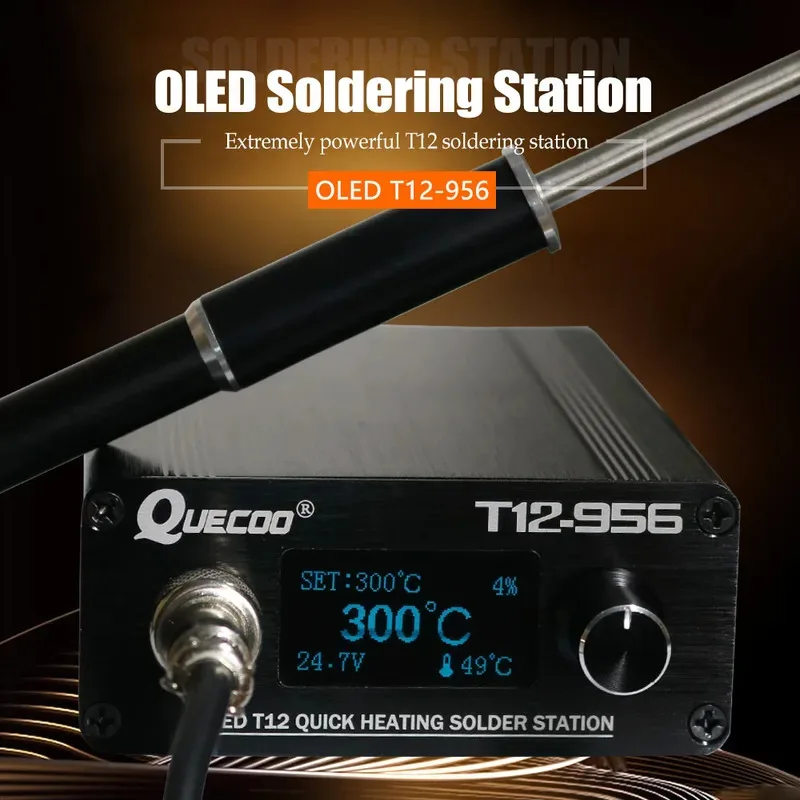 

QUECOO T12-956 Professional Soldering Station 1.3" OLED Display, Fast Heating & ESD Safe Black M8 Handle T12 Tips for Repair