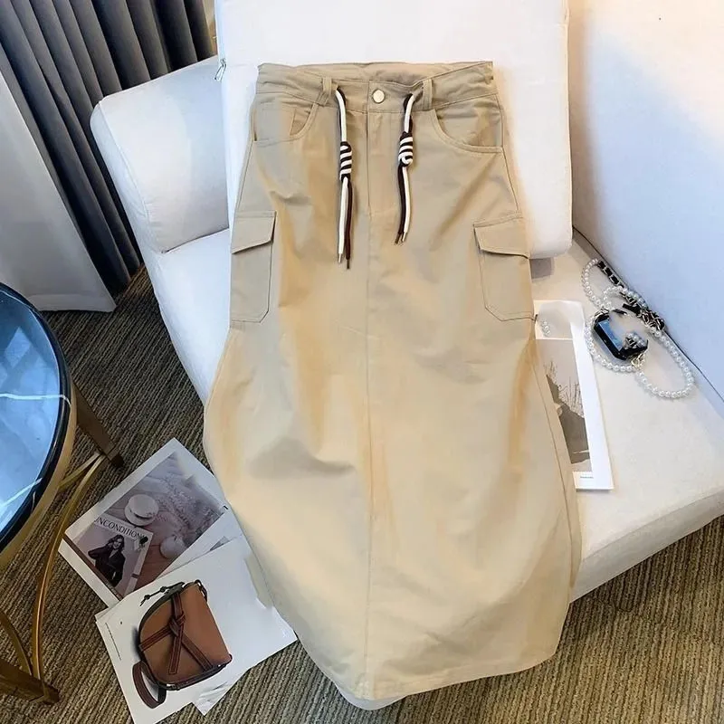 2026 Female New High Waist Pocket Slit Maxi Skirt Spring Summer Women Medium Length Skirts Lady Solid Color Large Size 4XL Skirt