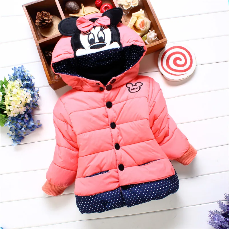 Winter Baby Girl Cotton Coat Color Blocked Single Breasted Hooded Cotton Coat Cute Cartoon Embroidered Cotton Jacket