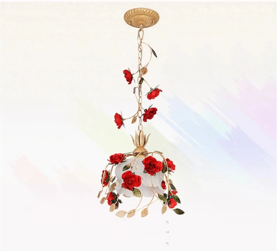 French Countryside Floral Pendant Light Home Decoration D30cm Candle Bedroom Kitchen Garden Rose Flower Grass Lighting Fixtures
