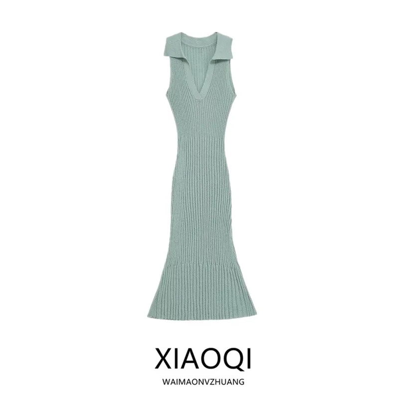 Vestido Largo de Punto con Ribete para Mujer, Verano 2025, Cuello en V, Sin Mangas, Estilo Casual, Nuevo Modelo de Verano, Ve...