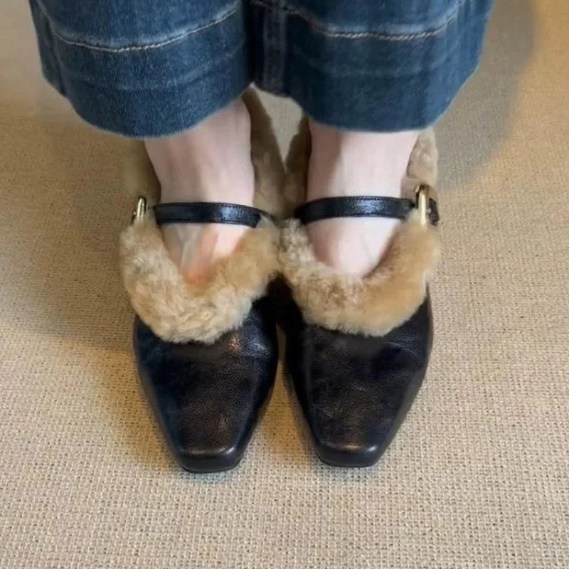 French Style Thick Heeled Women's Boots with Plush Mary Jane Small Leather Shoes, New One-piece Square Toe Hairy Shoes