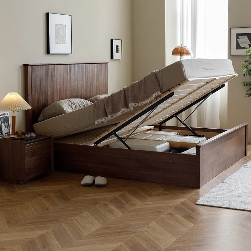 Solid wood box bed Nordic Japanese high box storage bed Black walnut double 1.8 meters Wedding bed 1.5