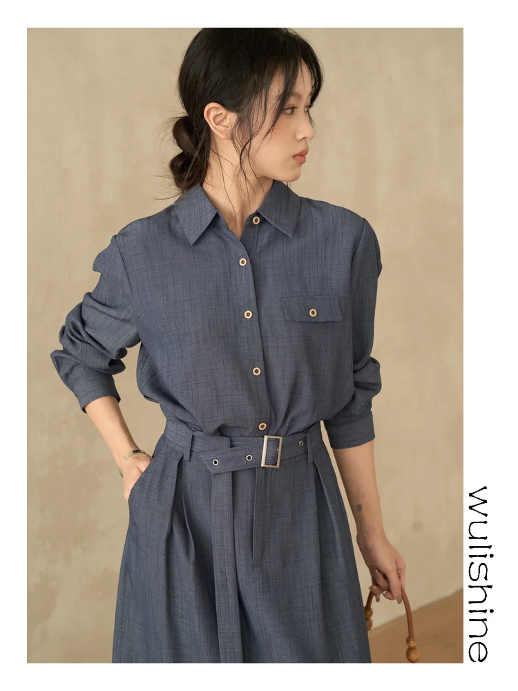 

Adjustable Waistband Denim Shirt Loose Long Sleeve Women's Early Spring Blue Cotton Flannel Vintage Style Button-Up Top