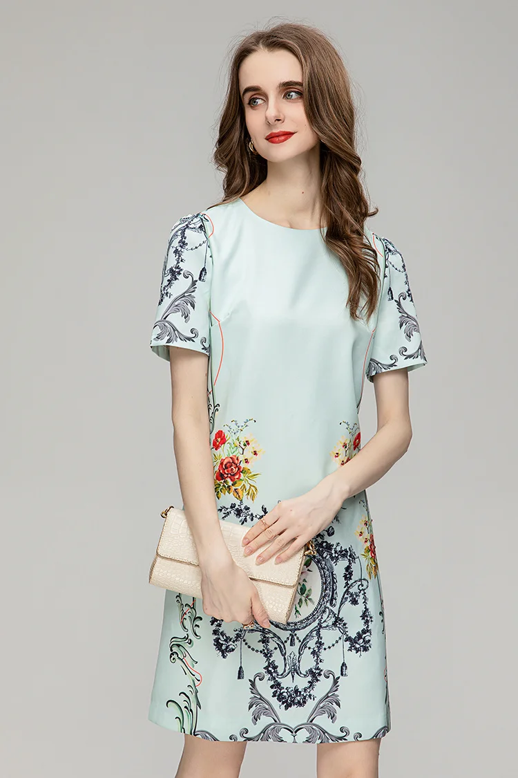 

2023 Summer Fashion Designer Luxury Vestido Women's O-Neck Short Sleeve Diamond Beading Floral Print Loose Mini Dress