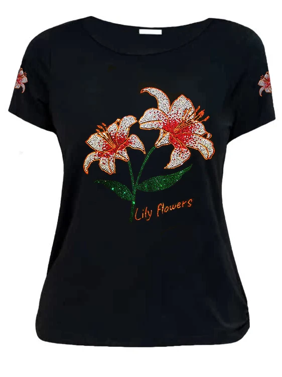 

Summer New Ice Silk Modal Pure Cotton ort Sve T-irt Women's Lilies Rhinestone Faion Mid-aged Mom's Top