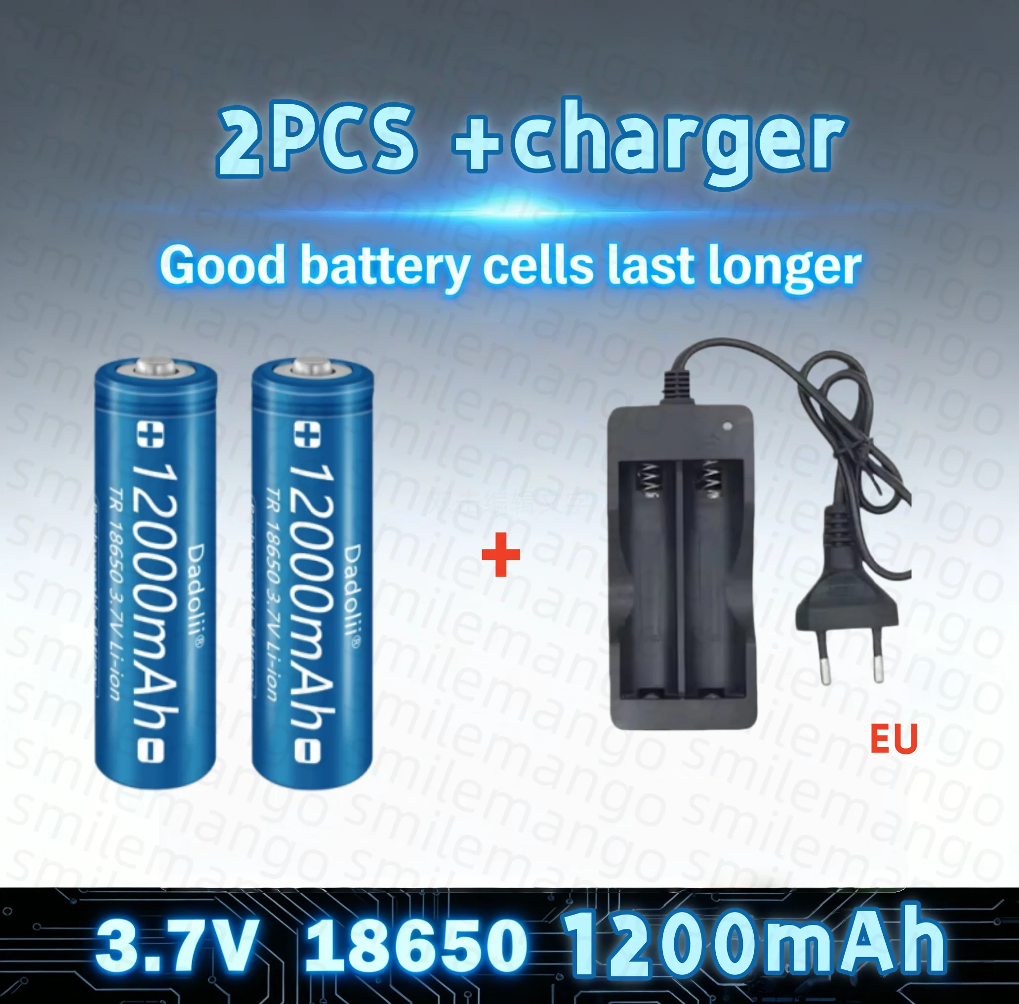 18650 Pointed Rechargeable Lithium Battery, 12000mAh, with Charger, Flashlight, Toy, and Remote Control