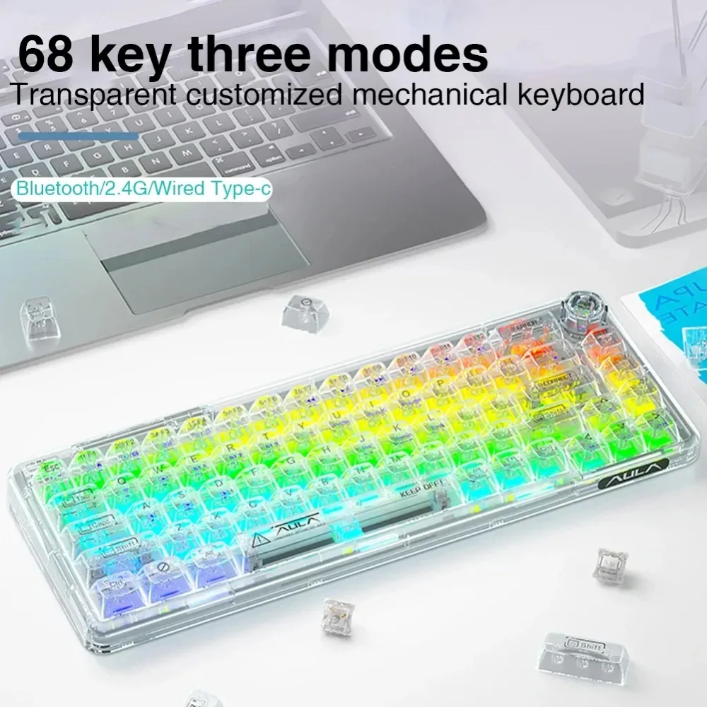 AULA Wireless Mechanical Keyboard Bluetooth F68 2.4GWireless/Bluetooth/Wired Transparent Keycaps For Lights Work Gaming Keyboard