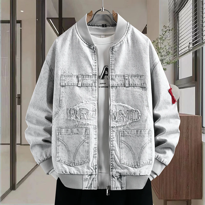 

Spring Autumn Fashion Trend American Vintage Baseball collar Denim Jacket Men's Casual Loose Sports High Quality Outerwear