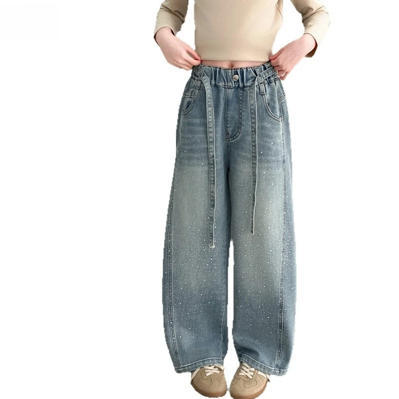 

2026 Girls‘ Rhinestone Star Wide Leg Jeans for Spring, Sparkle Curved Pants for Big Kids, Trendy Casual Bottoms New Arrival