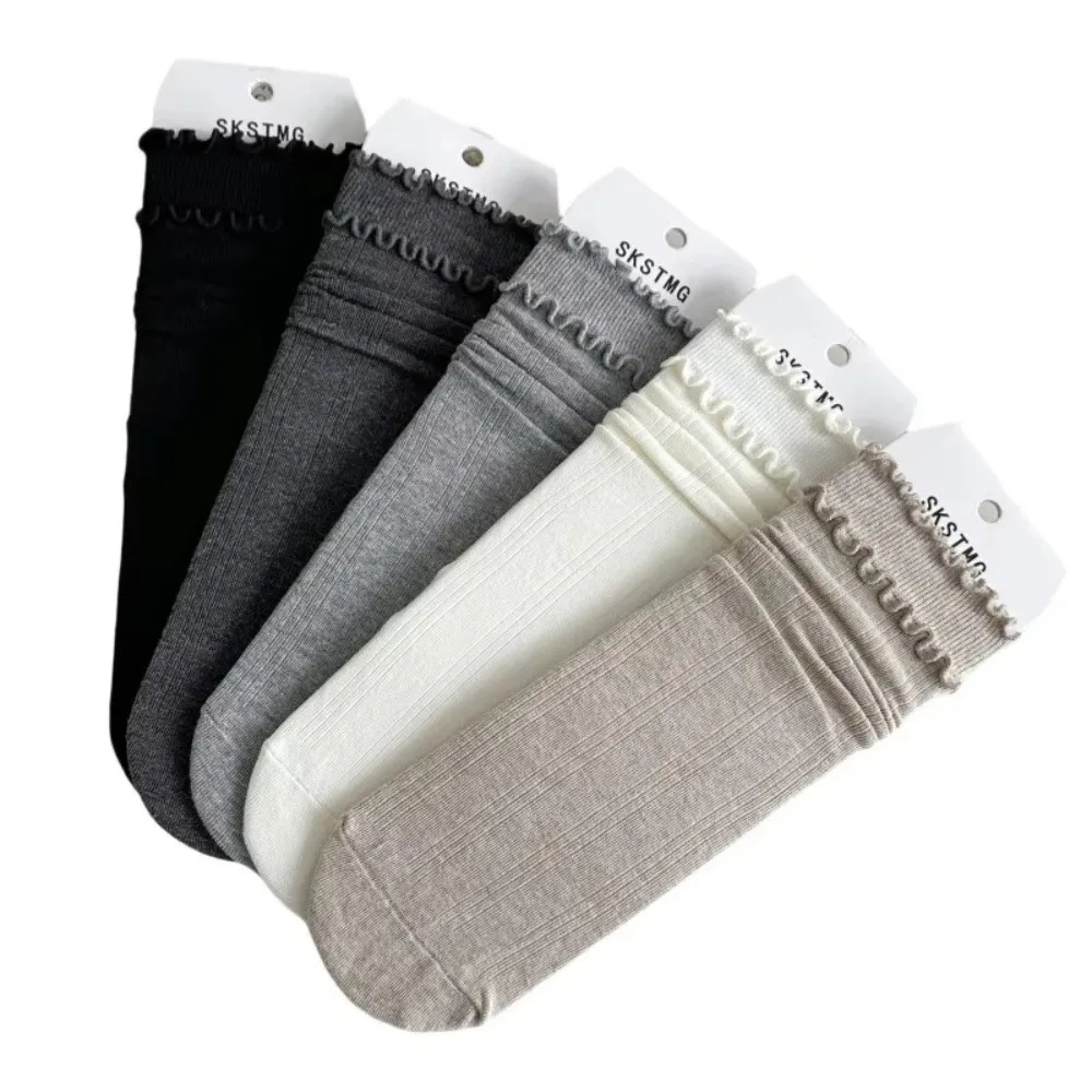 1 Pair Solid Color Mid-Calf Socks Vertical Stripes Breathable Ruffle Socks Anti Slip Double Layered Edges Frilly Socks For Women