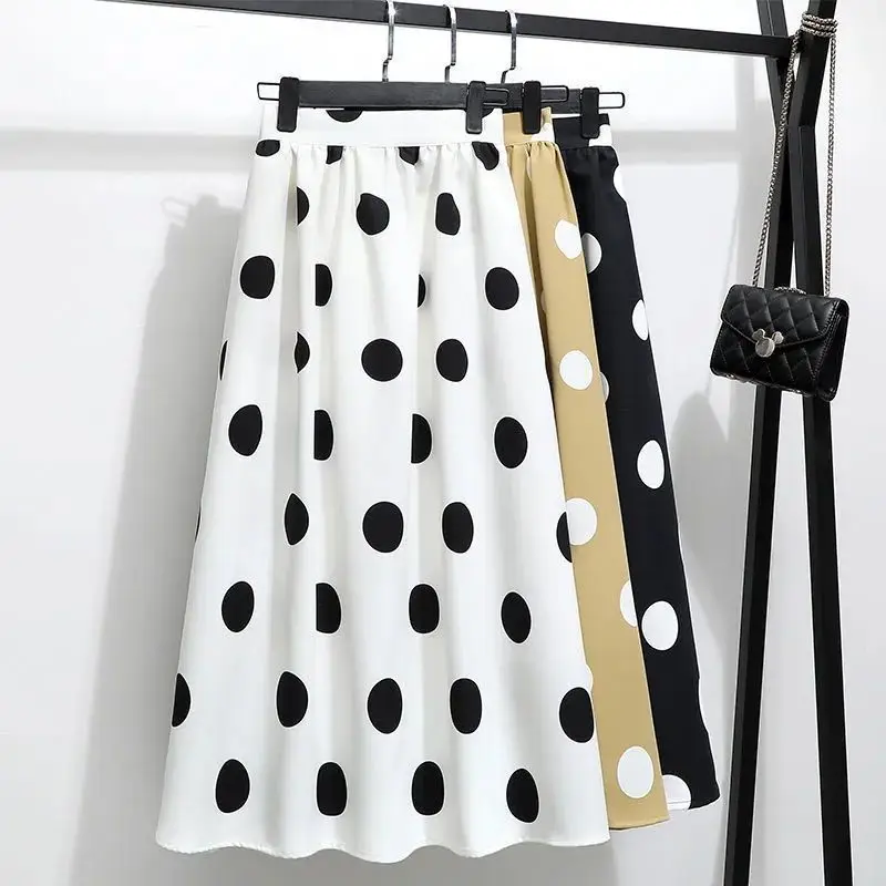 

Summer Polka Dot Midi Skirt Women's A-Line Skirt Full Swing High Waist Brand New 2025 Spring Season Other Material 00%