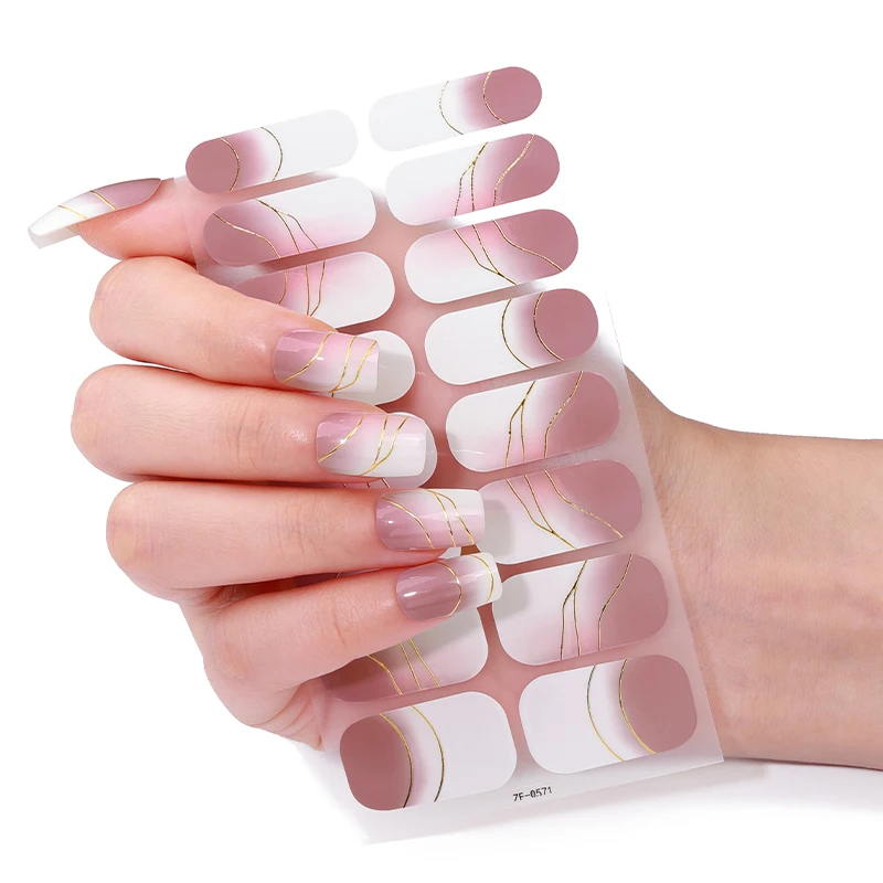 16Tips French Full Cover Nail Stickers DIY Nail Polish Strips Gold Lines Self Adhesive Nail Art Stickers Manicure Decoration ﻿