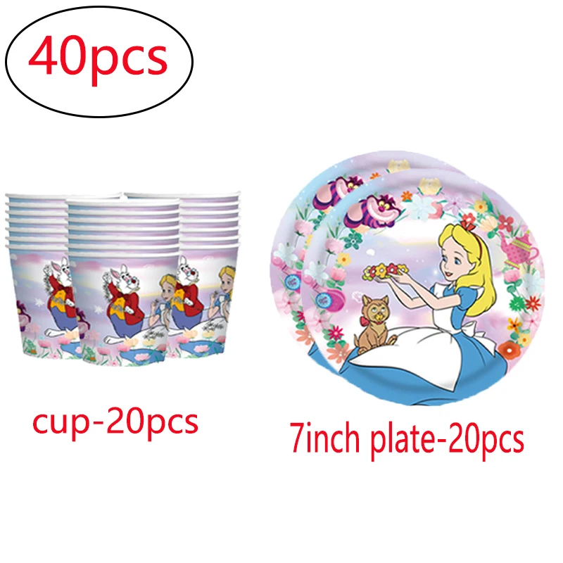 Disney Alice in Wonderland Party Supplies for 10 People Girl favor Birthday Tableware Set Plate cup Decoration