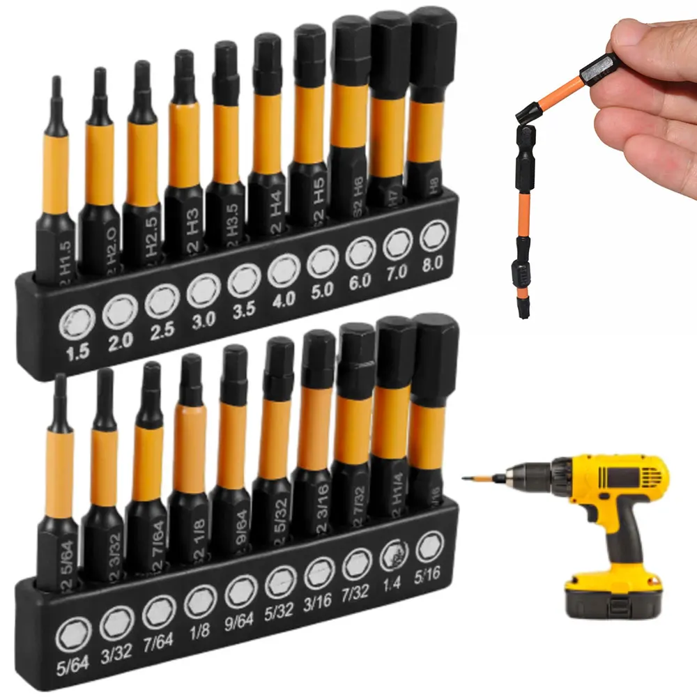 

20Pcs Impact Hex Head Allen Wrench Drill Bit Set 1/4IN Screwdriver S2 Steel Magnetic Screw Driver Extension Adapter Repair Tools