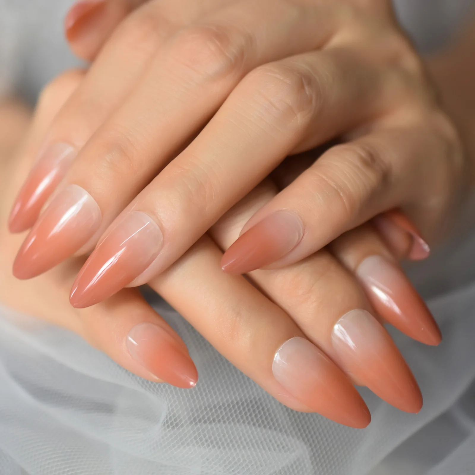 Coral Fake Nails Mid Long Press On Nails Ombre Glossy Full Cover False Nail Tips Almond 24pcs Nude gel Acrylic Nail Set