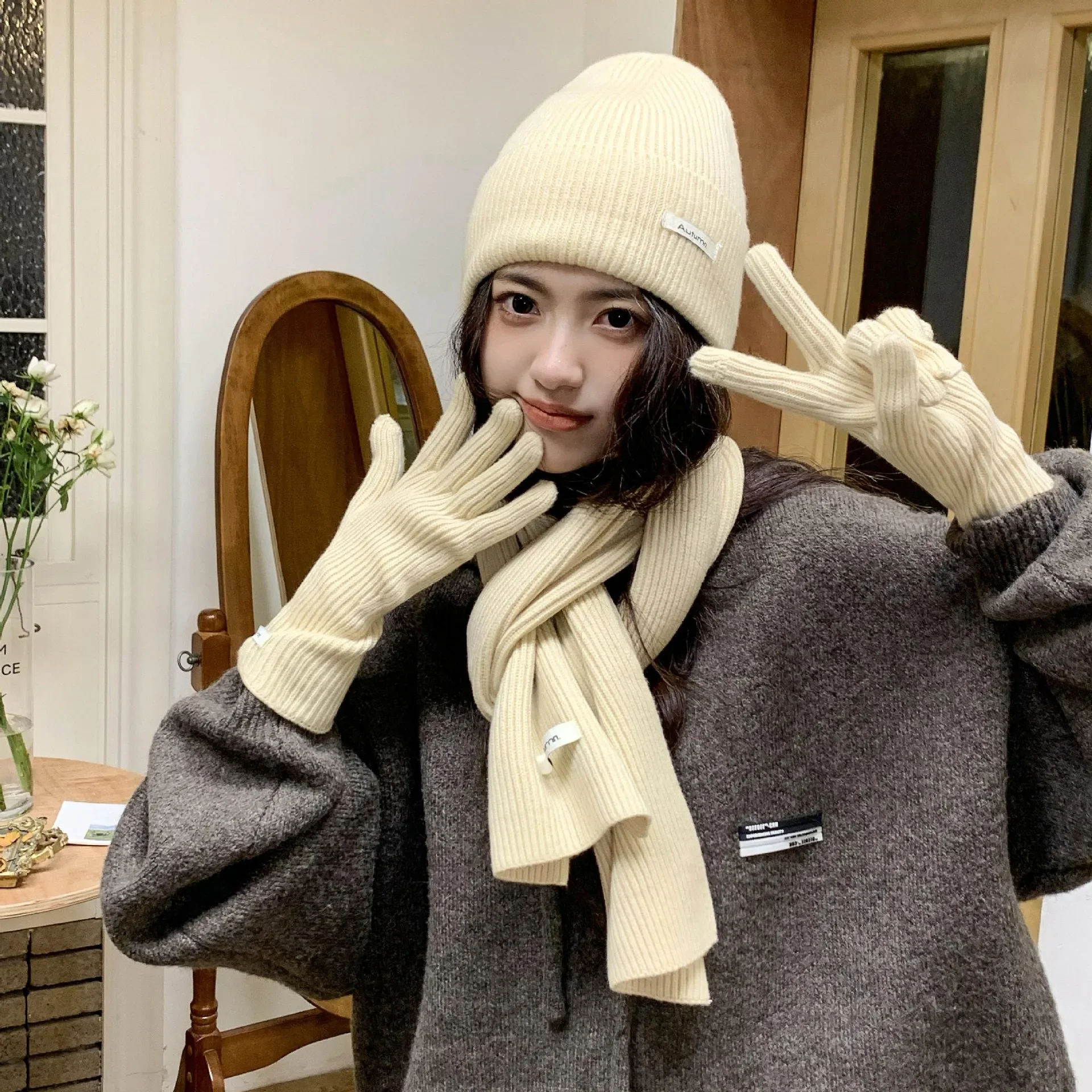 女性用タッチスクリーングローブセット、暖かいニット帽とスカーフ付き、秋冬用3点ファッションアクセサリー