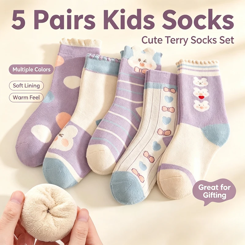5 Paar Kinder-Frotteesocken, Winter, dick, warm, mittelhohe Socken, mit niedlichem Cartoon-Motiv (Hase, Bär), dehnbar, weich, für Mädchen. – Detail 5