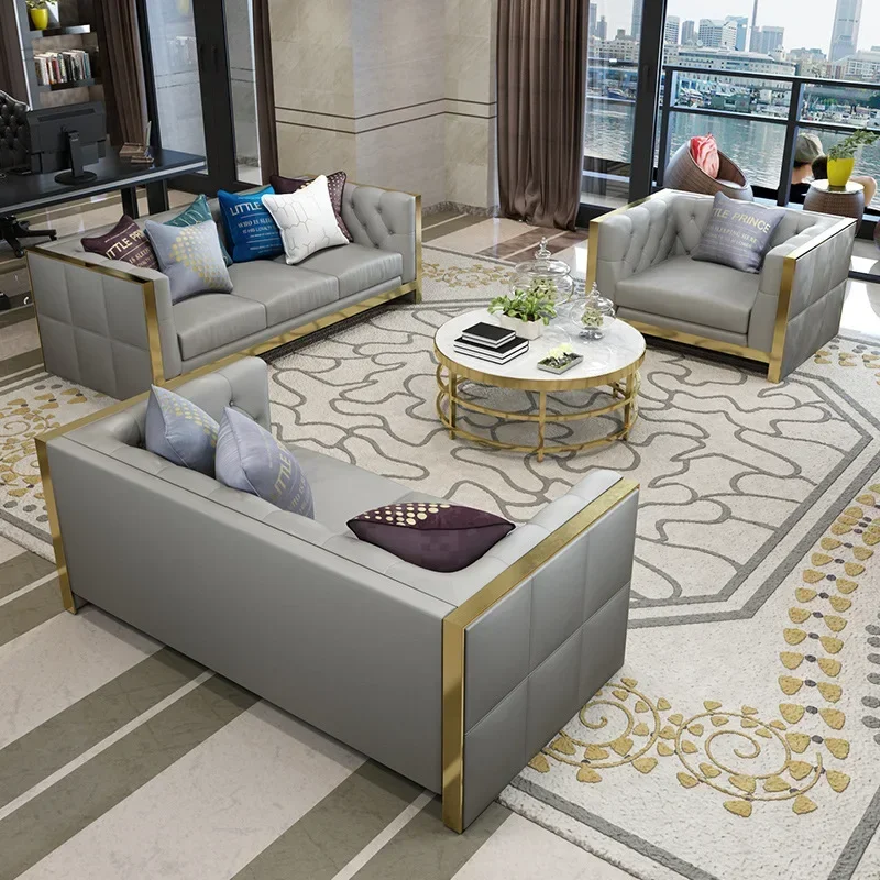 

--Living Room Golden Color Stainless Steel Base Button Back White Leather Luxury Sofa Set Furniture