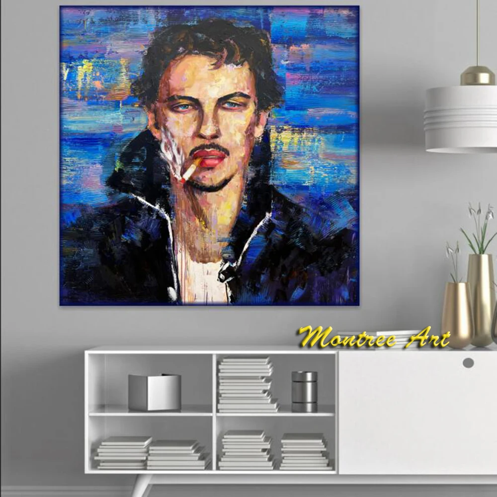 Hand Painted Oil Painting Figurative Art Abstract Paintings Human Painting Smoking Men Painting Acrylic Blue and Beige Painting