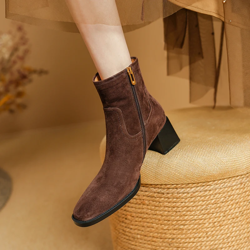 2025 Autumn Winter Classic Chelsea Boots for Woman Cow Suede Thick Heel Square Toe Ankle Boots Simple Comfortable Cowboy Boots