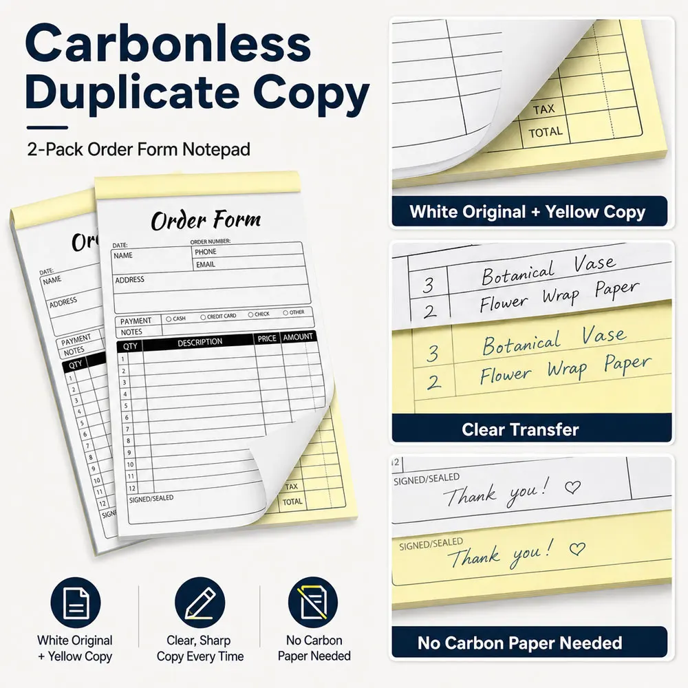 2-Pack Carbonless Order Form Receipt Books, White/Yellow Copy, 5.5x8.3in Tear-Off Pads for Office Retail