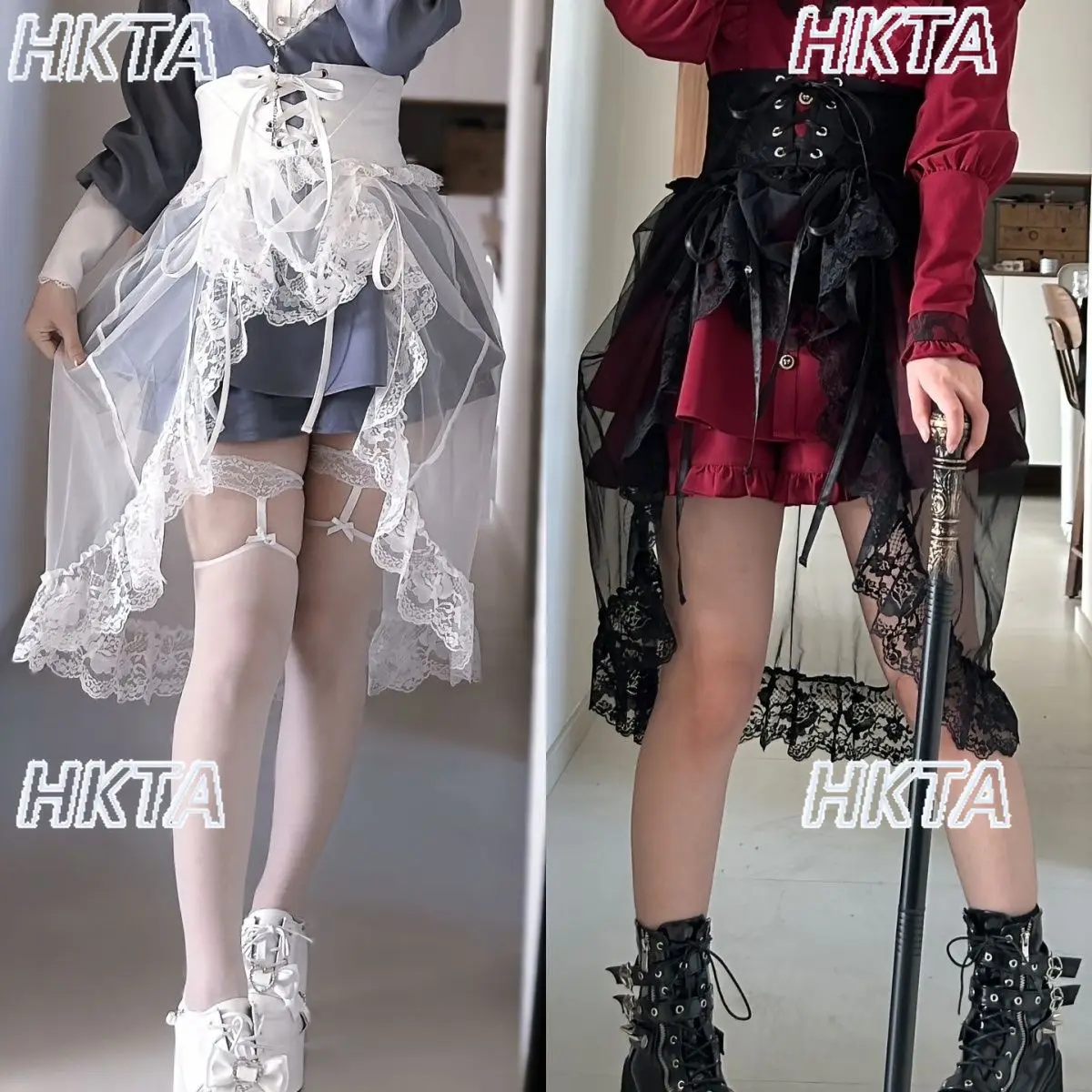 Japanese Gothic Subculture Y2k Sweet Cool Integrated Waist Seal Lace Bow Mesh Skirts Girl Trailing Black Waist Seal Skirt Women