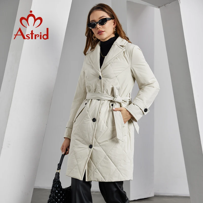 Astrid-Jaqueta acolchoada longa feminina, cinto de lapela, peito único, algodão, sobretudo acolchoado, à prova de vento, casacos Parka, feminino, outono, inverno