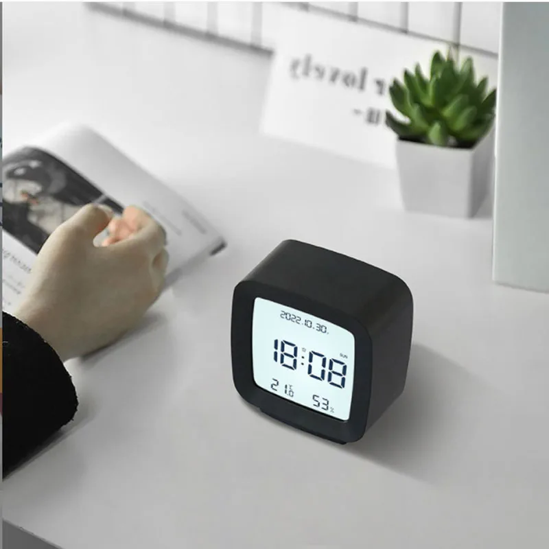 Digital Desk Clock Alarm Clock Small Sound Touch Control Night Light Bedside Square Shape Temperature Humidity TV Style