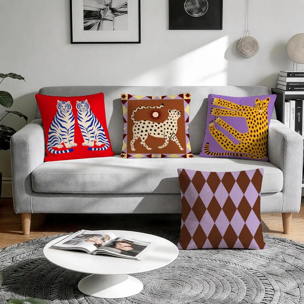 Leopard Tiger Boho Sun Moon Cushion Cover Natural Breathable Durable Linen Printed Decor Pillow Case Sofa Bedroom