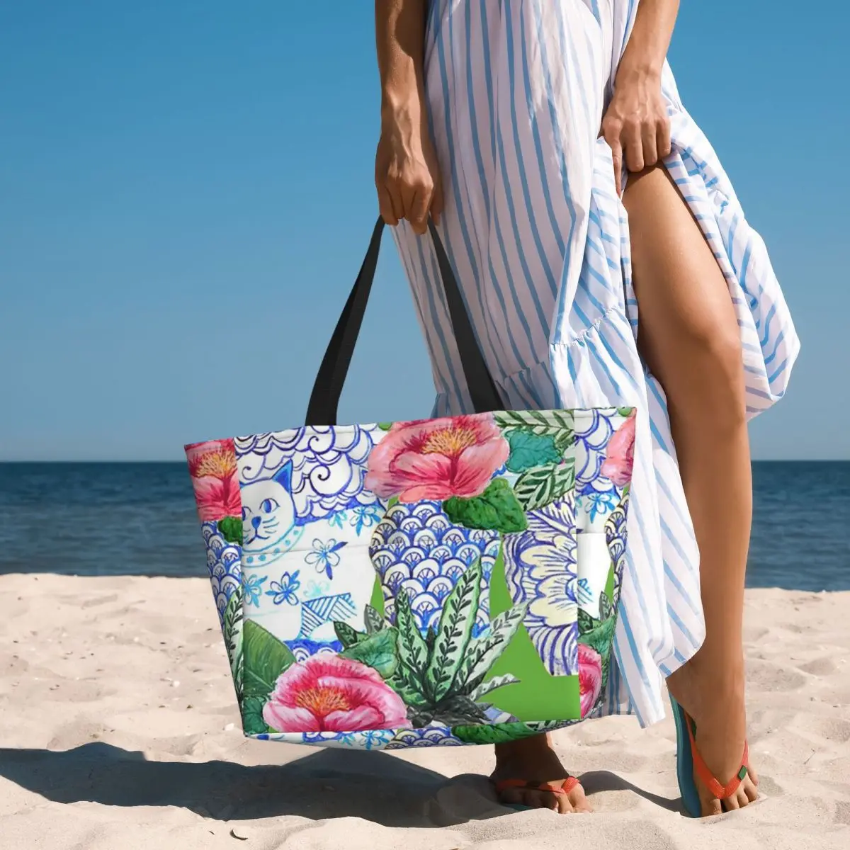 Blue And White Ginger Jars On Green, Emerald Green Beach Tote Bag Sport Gym Yoga Duffle Large Women Travel Bag Fitness bag