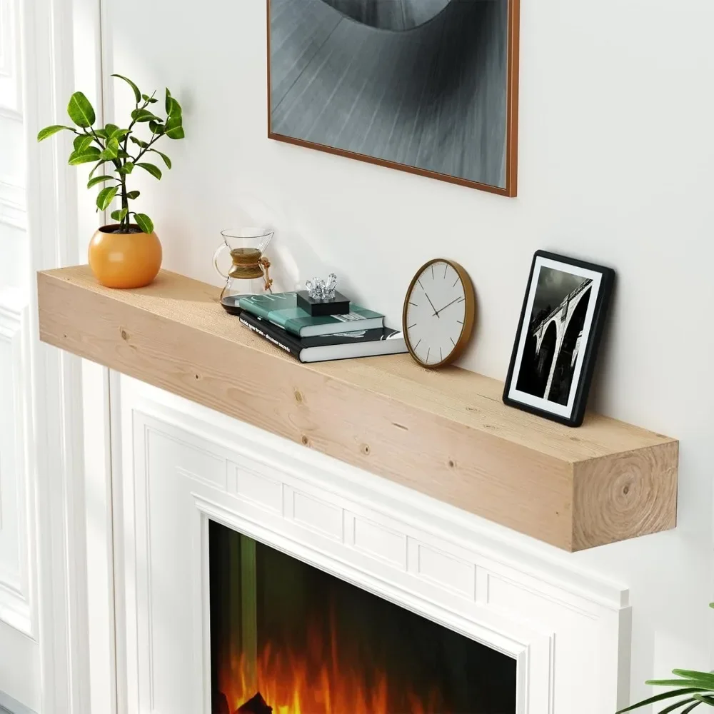 Wall Mounted Wooden Display Shelving, Natural Mantels Over Fireplace, 60