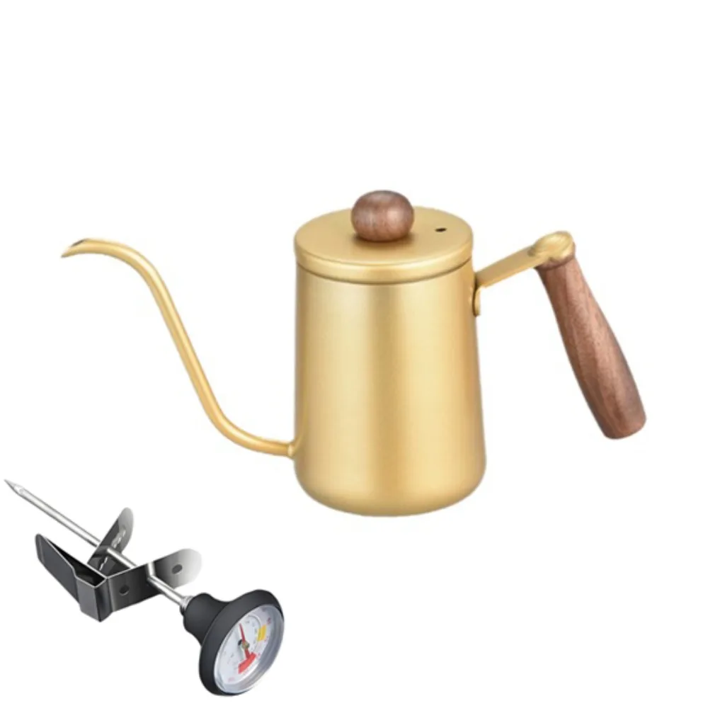 

Чайник для заваривания кофе методом пуровер, 600 мл, с деревянной ручкой, термометром, изогнутой горловиной, из нержавеющей стали, с защитой от ожогов