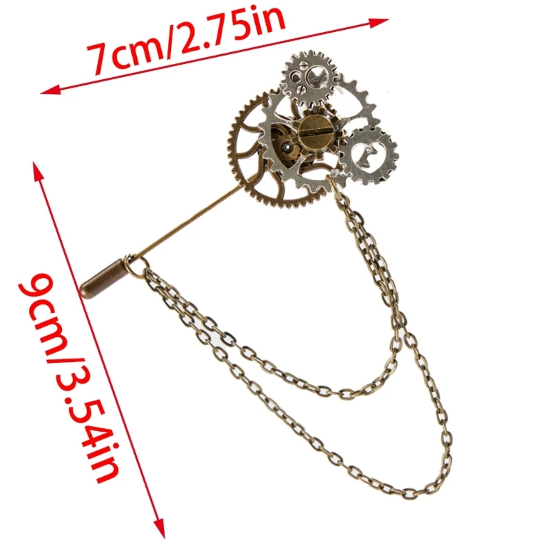 Steampunk Gear Lapel Pin Badges Gothic Vintage Metal Chain Brooches Collar Pin Clothing Jewelry for Shirt Coat Halloween