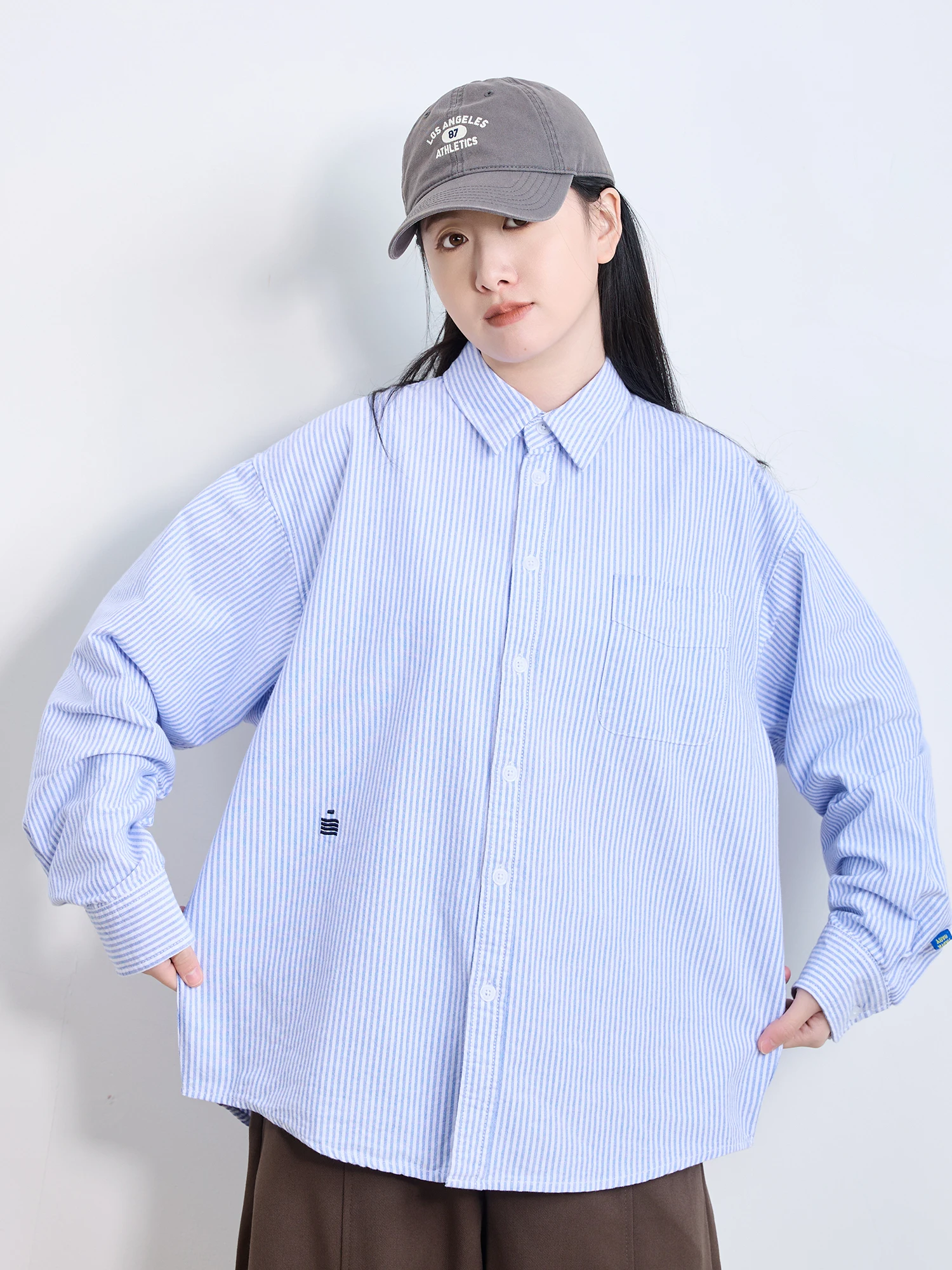 

Свободная хлопковая рубашка в полоску в японском стиле, дышащая, с длинным рукавом, вышитая, из чистого хлопка, универсальная, для весны и осени