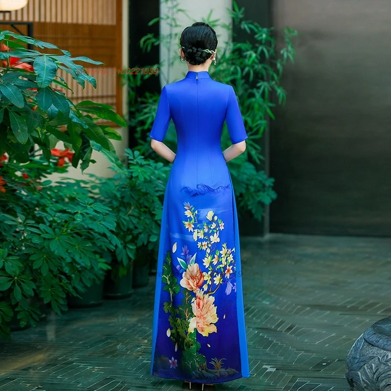 2026 vietnam traditional aodai dress chinese improved qipao national flower print cheongsam dress retro evening banquet dress