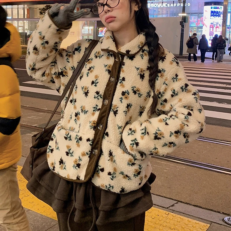 Women's Contrast Color Flower Jacquard Lambswool Coat Winter Warm Casual Loose Top with Pocket Short Length