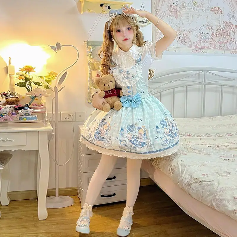 

Японское синее платье Лолиты на подтяжках Jsk, женский костюм, кавайное платье с бантом и мультяшным принтом, платье принцессы без рукавов, подарок для девочек
