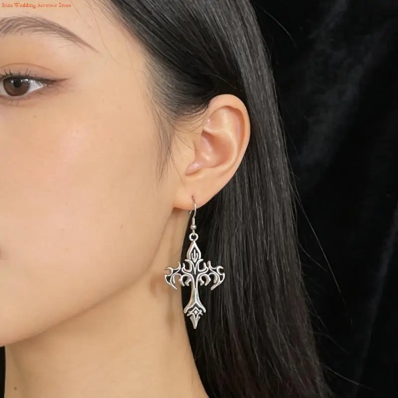 G92D Gothic Flame Crosses Dangle Earrings Punk Rock Earrings Hip Hop Jewelry Alloy Texture Suitable for Women Men Present