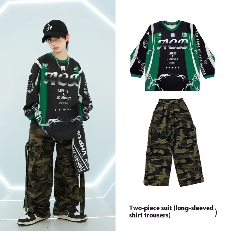 Hip Hop Ragazzi Felpa nera Pantaloni mimetici Ragazze Cappotto da ballo di strada Pantaloni in denim Set di vestiti Bambini Streetwear Costume jazz per bambini