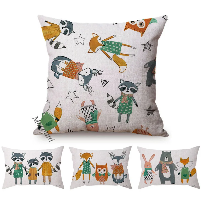 Super Cute Cartoon Small Animals Style Sofa Throw Pillow Case Fox Raccoon Rabbit Decoration Kid's Room Chair Bed Cushions Cover