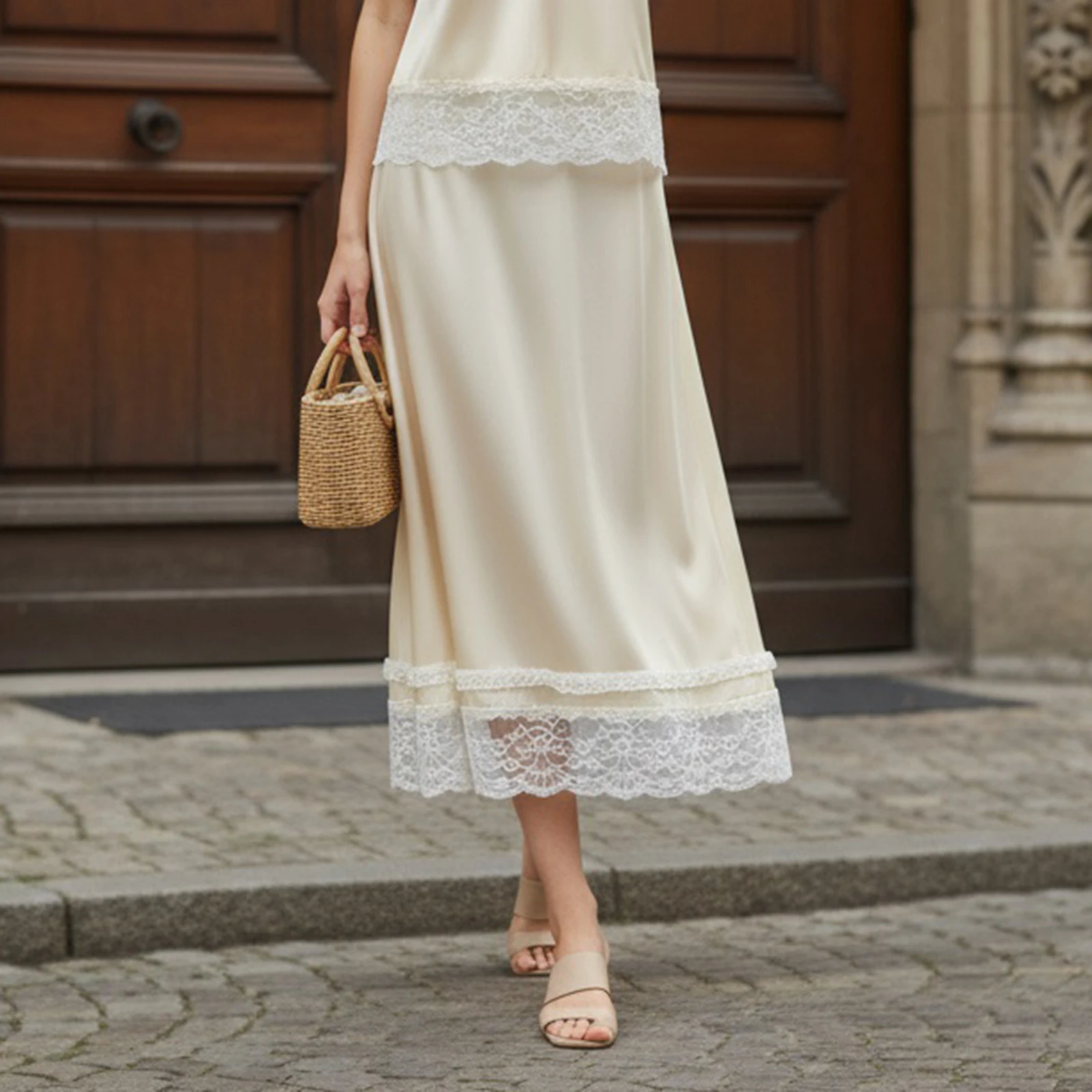 

Женские юбки миди с кружевной отделкой, модные повседневные юбки из сатина с эластичной талией