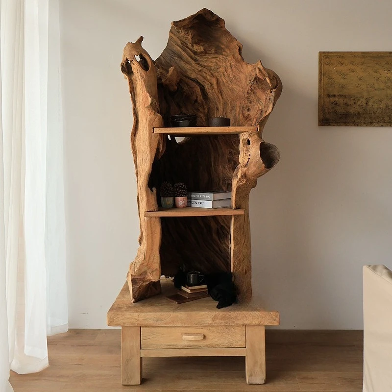 Living room floor solid wood root carving, log weathering retro floor flower stand fragrance