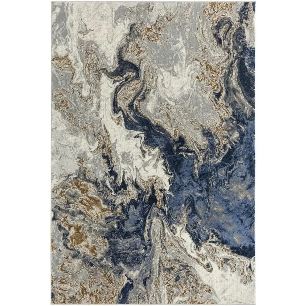 Marble Collection Blue Area Rug Modern Abstract Swirl Design Non-Shedding Carpet