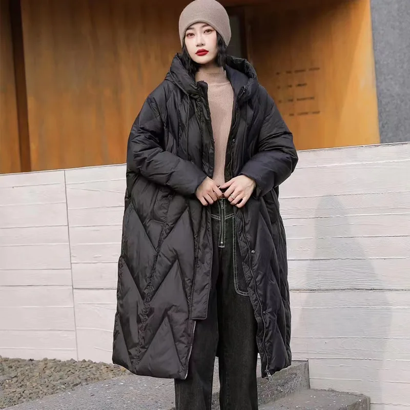 Women's Clothing Down Jacket New Style White Duck Down Thickened Below The Knee Fashionable Loose Fit Stylish Plus Size Warm