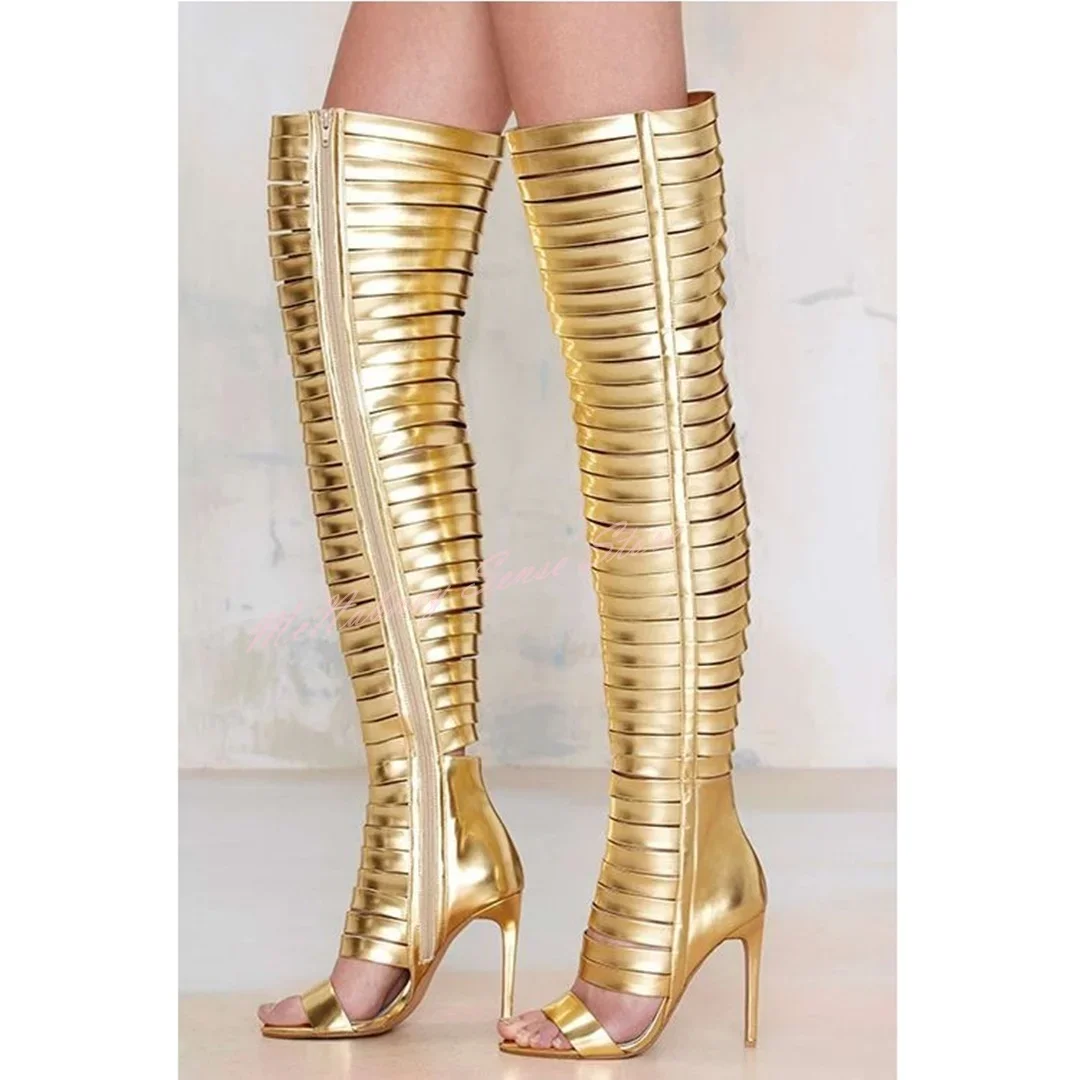 

Gold Straps Cut Outs Sandals Open Toe Solid Stiletto Heels Over The Knee Sandals Boots Side Zipper Women Sexy Summer Shoes New