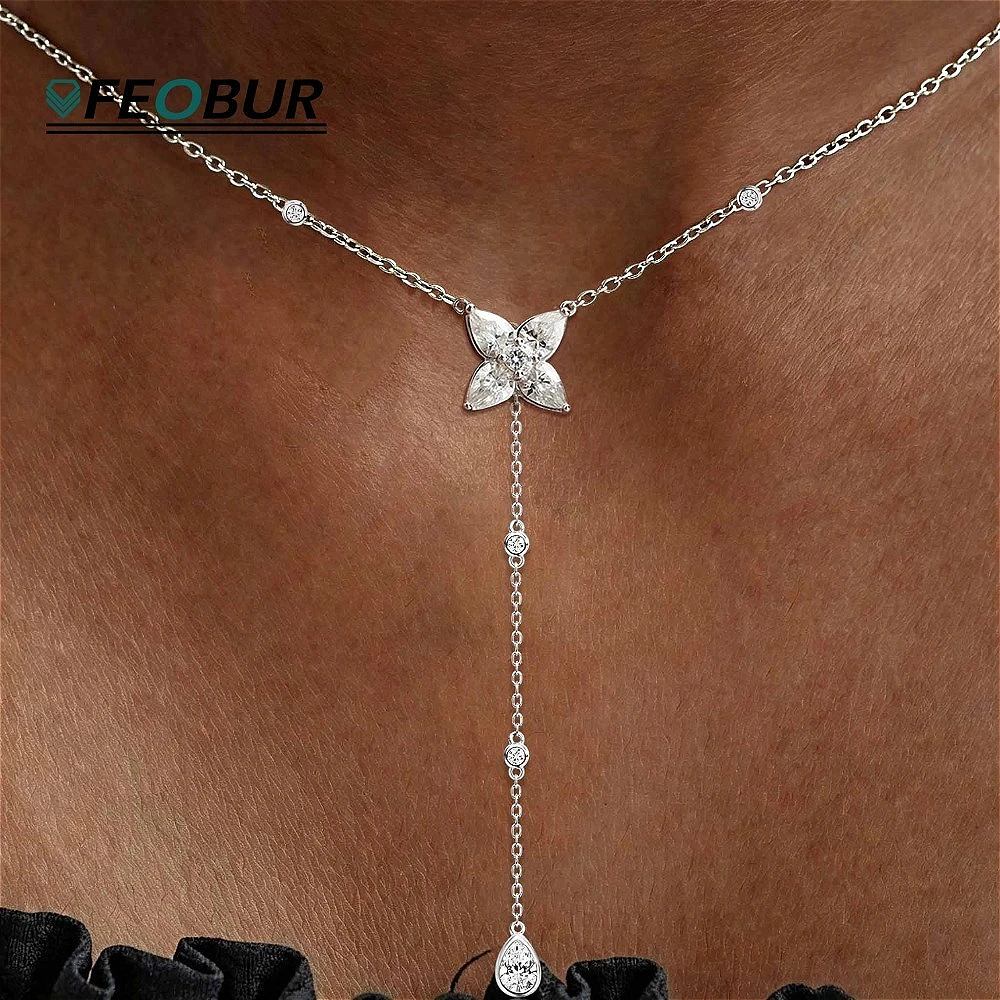 Four-Leaf Clover Moissanite Lariat Necklace for Women Pear Cut Lab Diamond Long Tassel Pendant 925 Sterling Silver Chain Jewelry