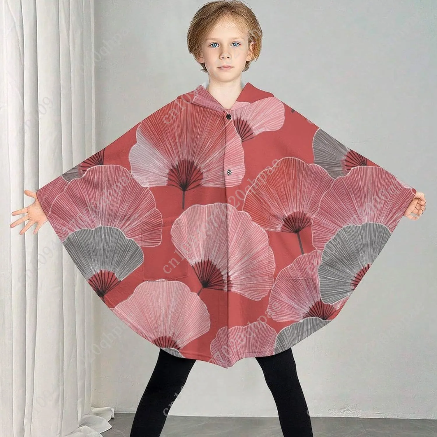 Comodo maglione coperta in flanella, felpa con cappuccio oversize vintage con foglie di ginkgo con tasche per bambini e adolescenti