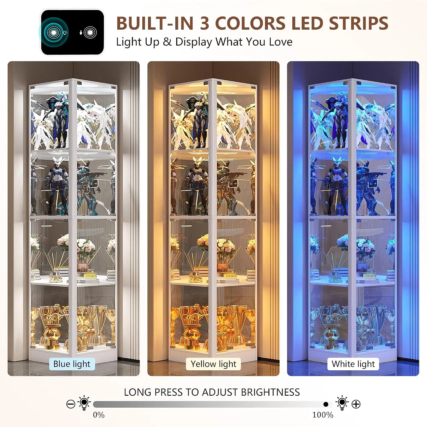 Corner Display Cabinet Glass Doors LED Lights Living Room Storage 5-Tier, Customized