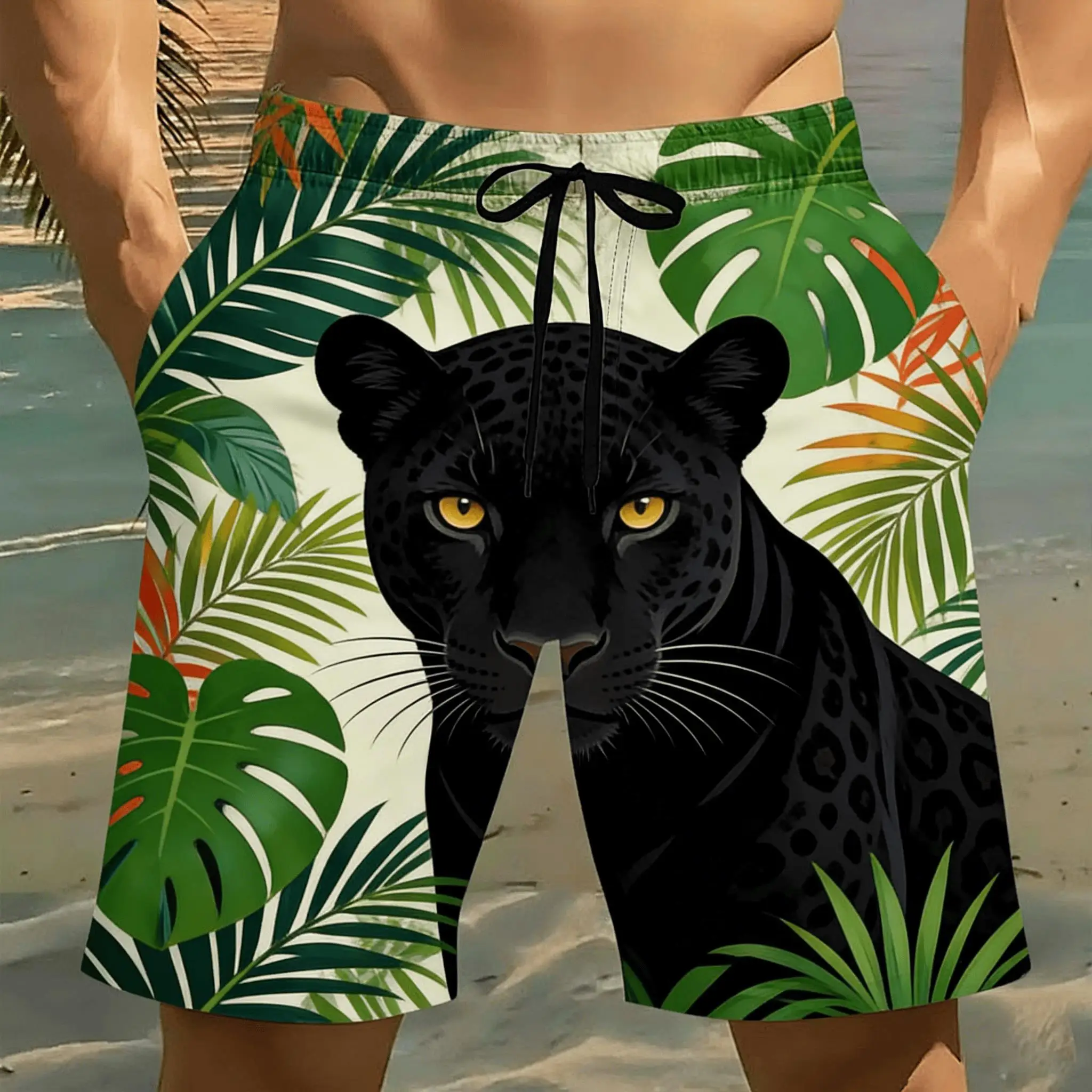 Men's Beast Tropical Plant Print Drawstring Shorts, Spring Summer Jungle Vacation Casual Shorts, Pocket Beach Shorts